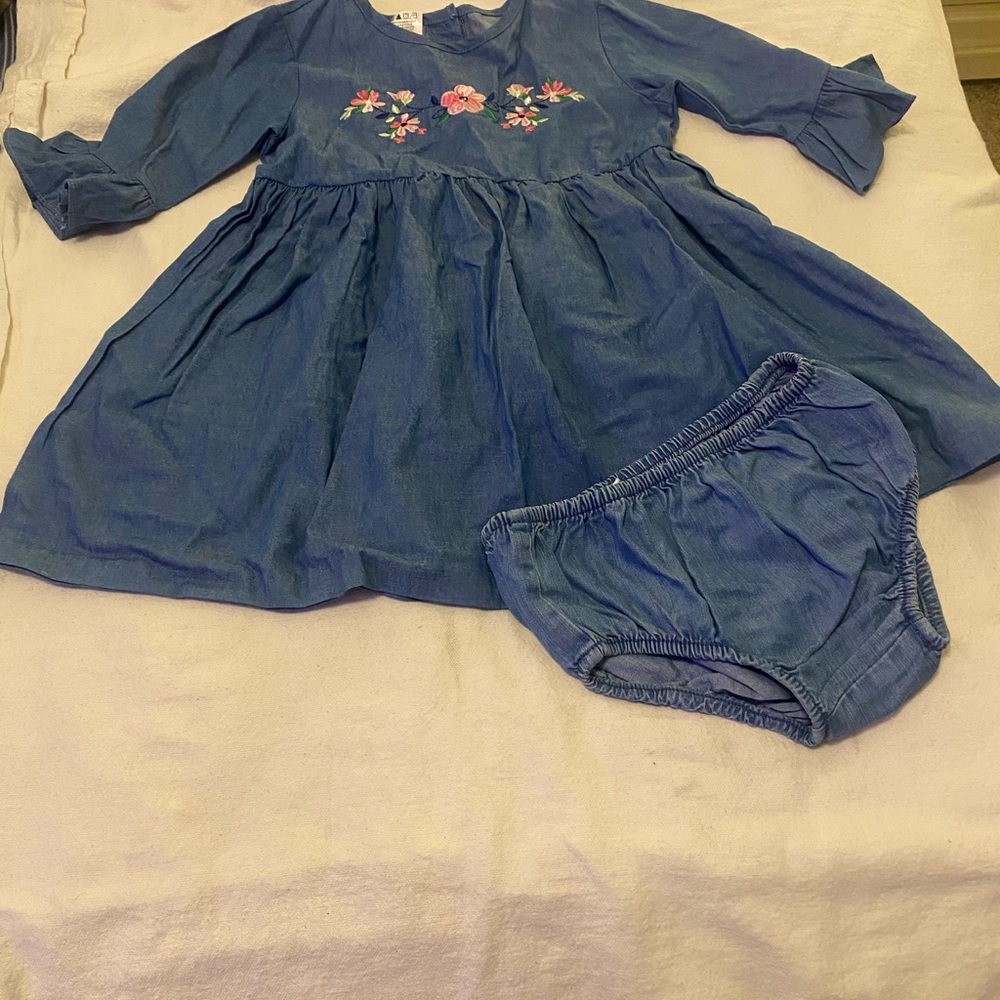 Bonnie Jean Denim Blue Dress with Pink Floral Accents